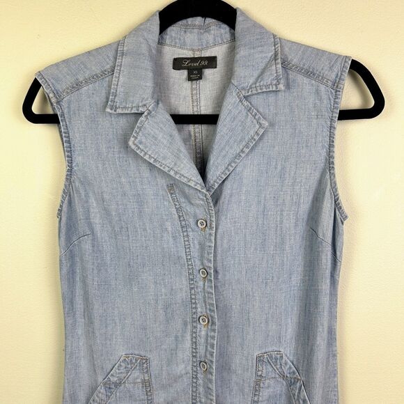 Level 99 Anthropologie Blue Chambray Linen Shirt Dress Sleeveless Button Down XS - Picture 2 of 11